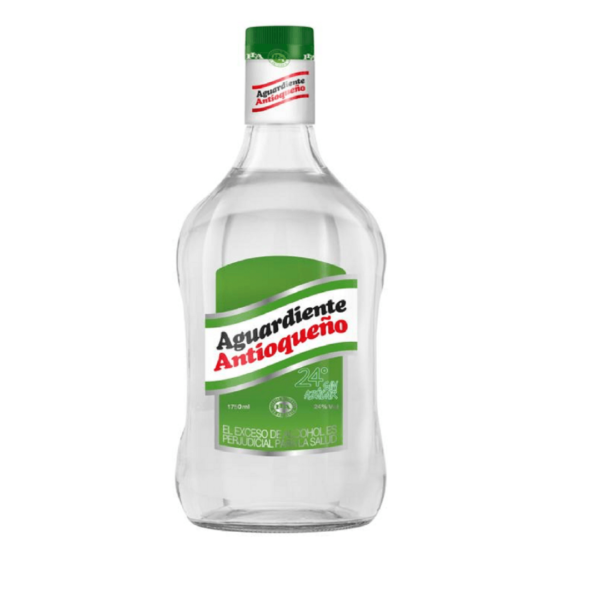 Clear glass bottle of Aguardiente Antioqueño with a green cap and green-and-white label reading 'Aguardiente Antioqueño' (24°) on a white background.